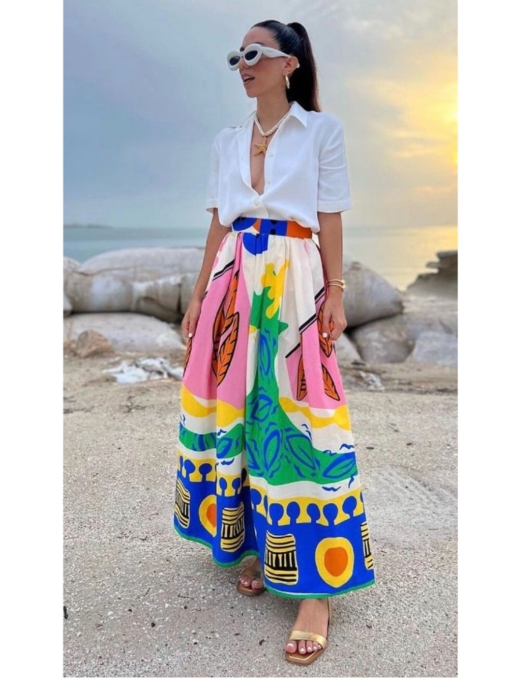 Zara Colorful Boho Tropical High Rise Pleated Poplin A-Line Maxi Skirt Resort XS